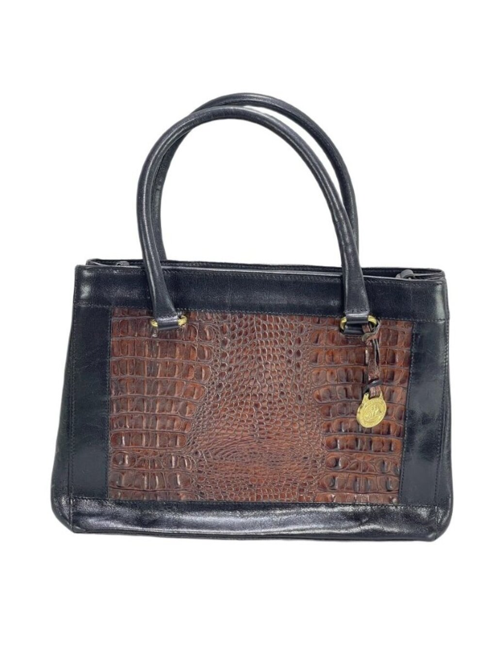 Vintage Brahmin Two-Tone Black & Brown Leather Crocodile Embossed Handbag With G